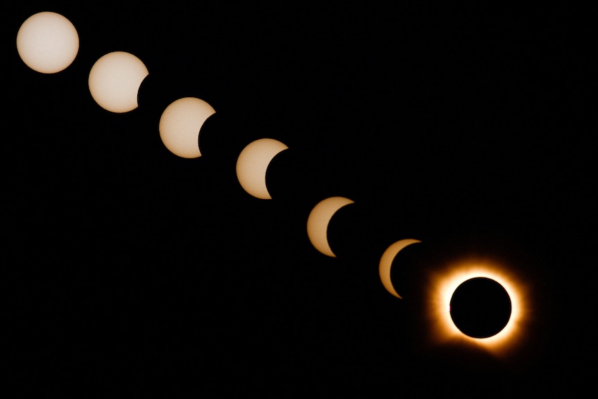 A composite shows seven phases of the moon going into a solar eclipse.