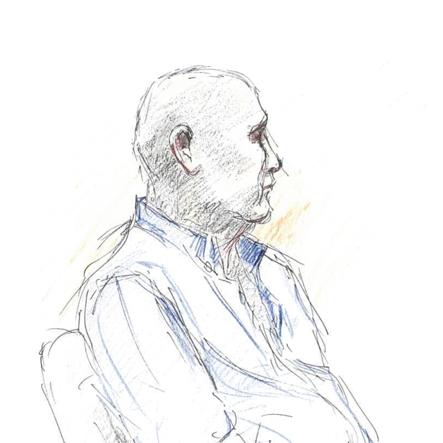 A sketch of a man sitting in a courtroom