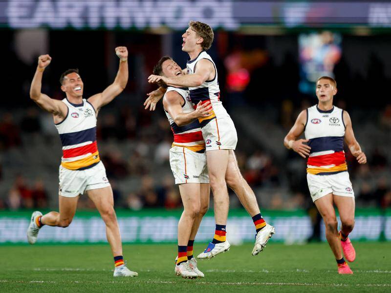 Adelaide have thrashed Essendon, with Hugo Hall-Kahan among their three first-time goalscorers. Photo: Dylan Burns/AAP PHOTOS