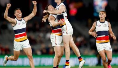 Adelaide have thrashed Essendon, with Hugo Hall-Kahan among their three first-time goalscorers. Photo: Dylan Burns/AAP PHOTOS