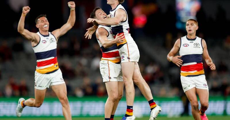 Adelaide have thrashed Essendon, with Hugo Hall-Kahan among their three first-time goalscorers. Photo: Dylan Burns/AAP PHOTOS