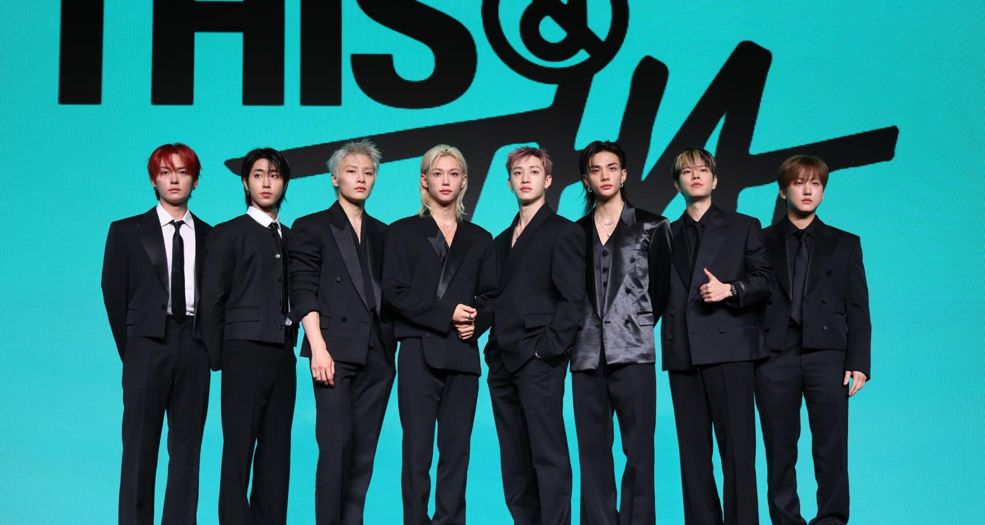 Members of K-pop boy band Stray Kids, from left, Lee Know, Han, I.N, Felix, Bang Chan, Hyunjin, Seungmin and Changbin pose during a press conference for its tenth mini album