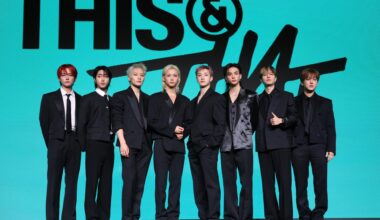 Members of K-pop boy band Stray Kids, from left, Lee Know, Han, I.N, Felix, Bang Chan, Hyunjin, Seungmin and Changbin pose during a press conference for its tenth mini album