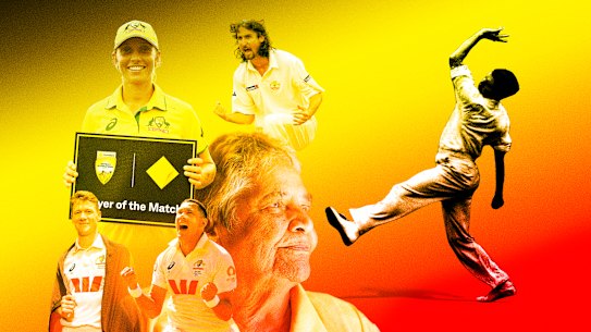Indigenous cricketers Ash Gardner (top teft), Jason Gillespie, Brendan Doggett (bottom left), Scott Boland and Aunty Faith Thomas. The Indigenous heritage of Ron Gaunt (right) was a secret until now.