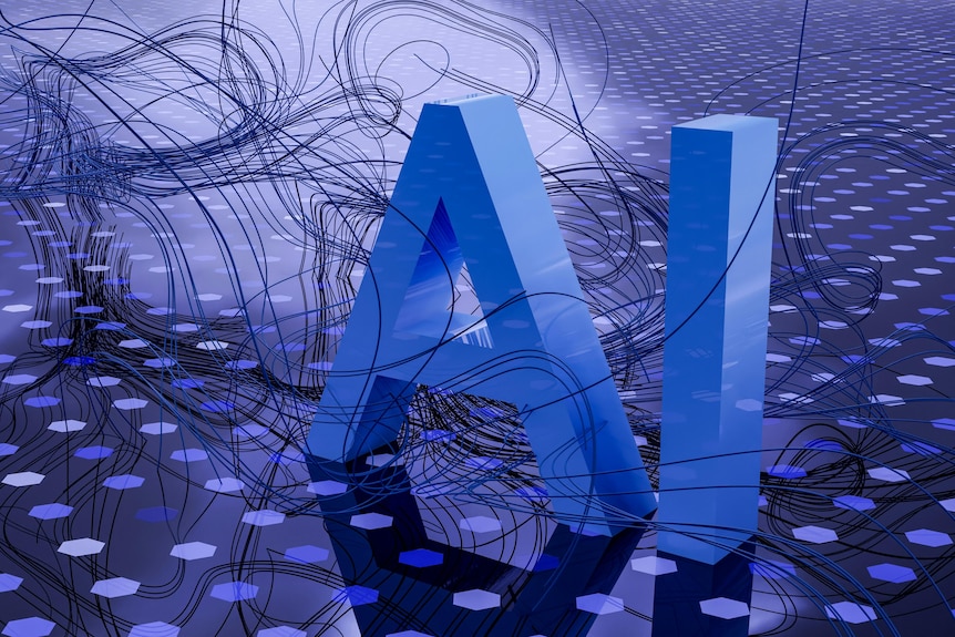 AI imagery with large blue letters on a dark blue base, saying AI