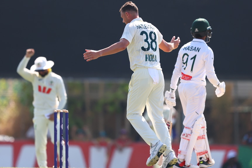 A cricket player has his back to the camera with arms outstretched, batter to his right and teammate with finger up to left
