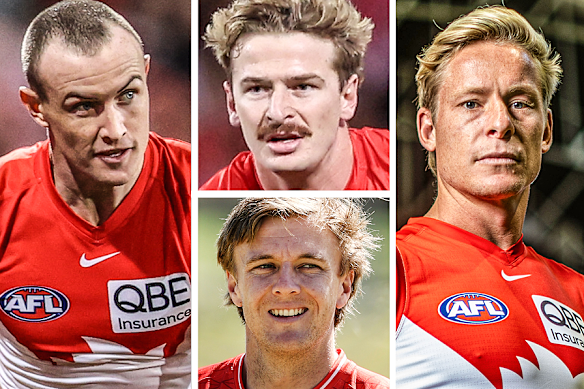 Chad Warner, Isaac Heeney, James Jordon and Riley Bice of the Swans.