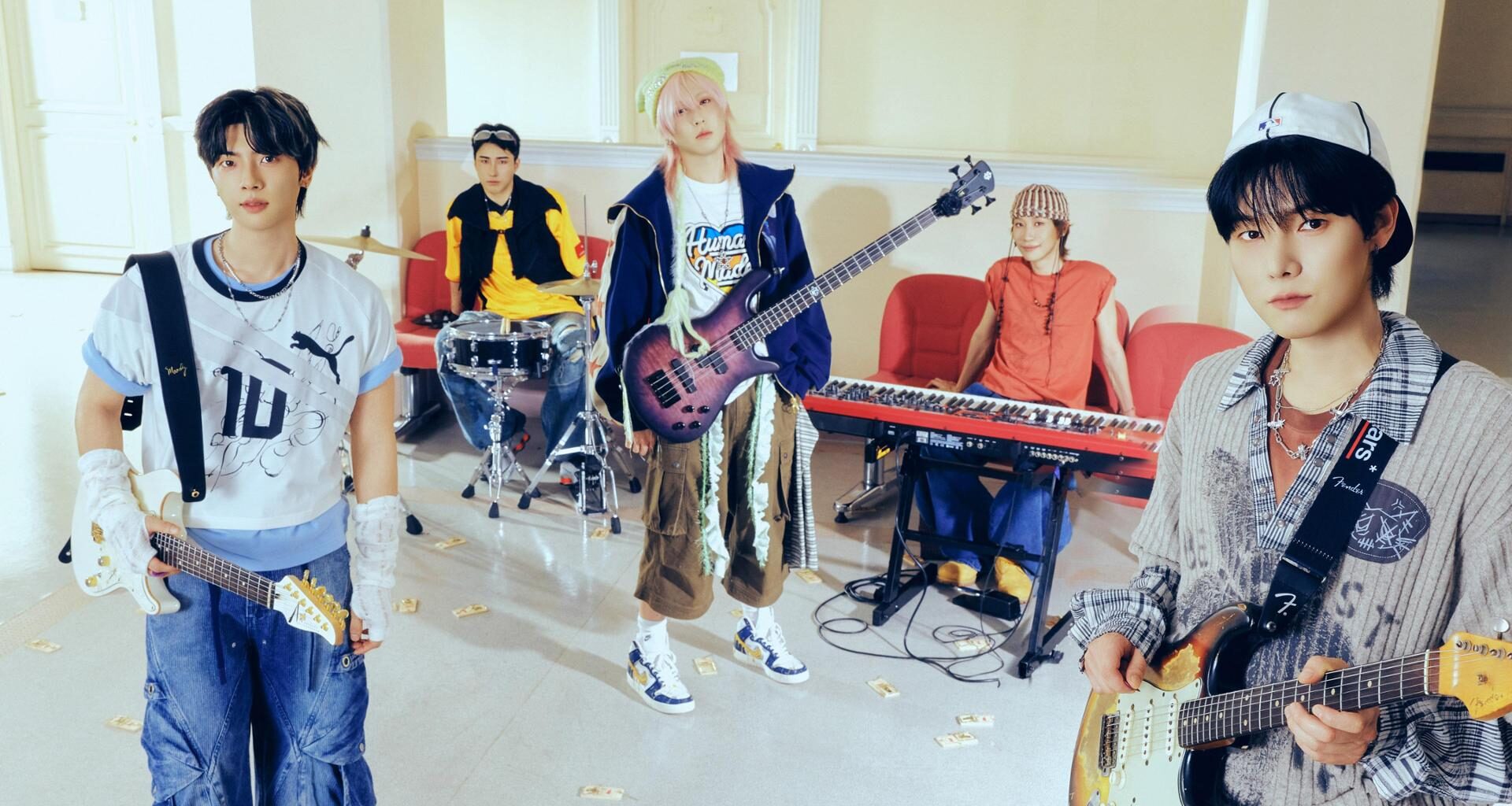 From left are Kanghyun, Harin, Giuk, Dongmyeong and Yonghoon of rock band ONEWE / Courtesy of RBW
