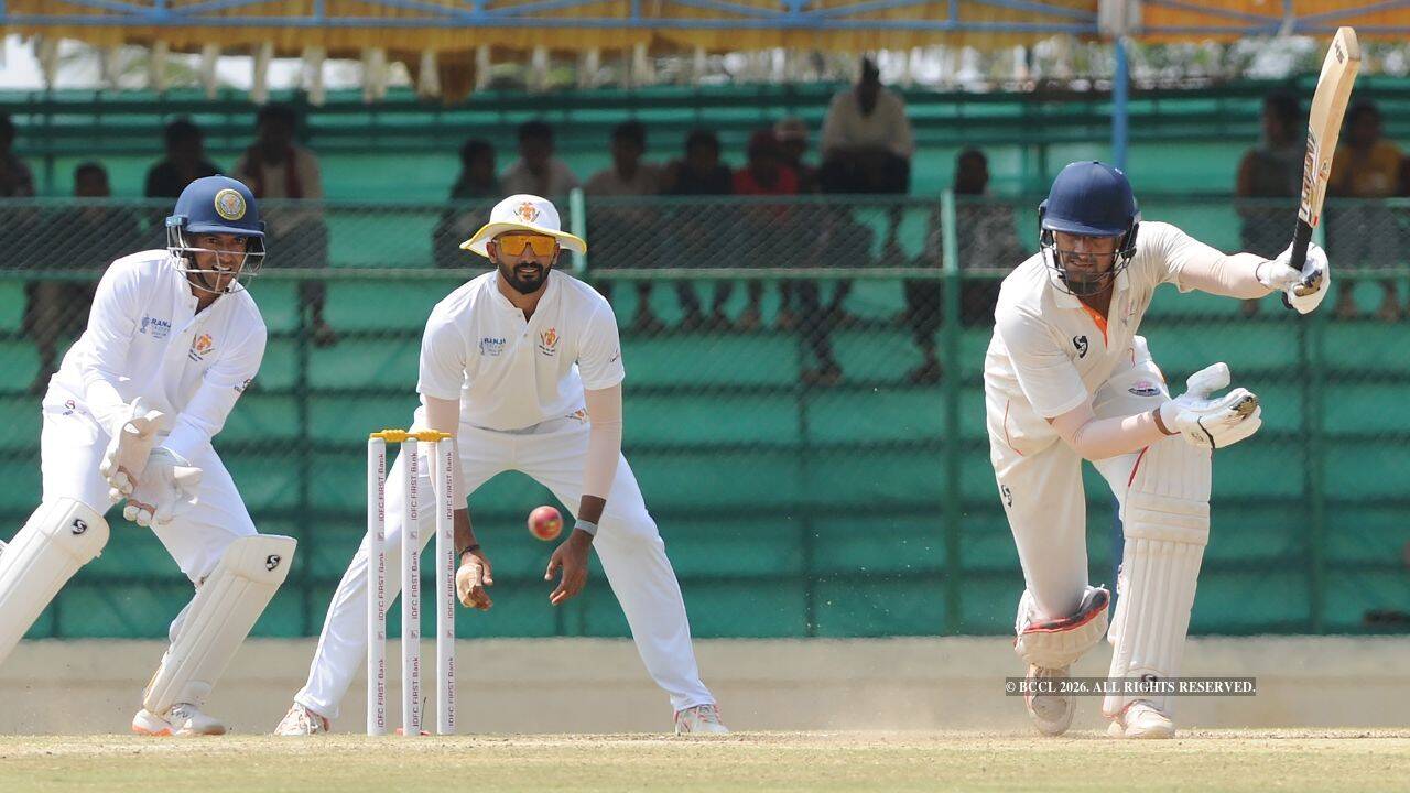 Qamran Iqbal of Jammu & Kashmir Ranji team on his way to 160 runs against Karnataka at the finals at Rajnagar KSCA cricket stadium in Hubbali on Saturday. (Photo: Syed Asif) Qamran Iqbal