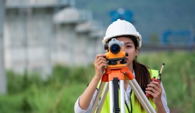 A woman surveyor looking through a surveying instrument