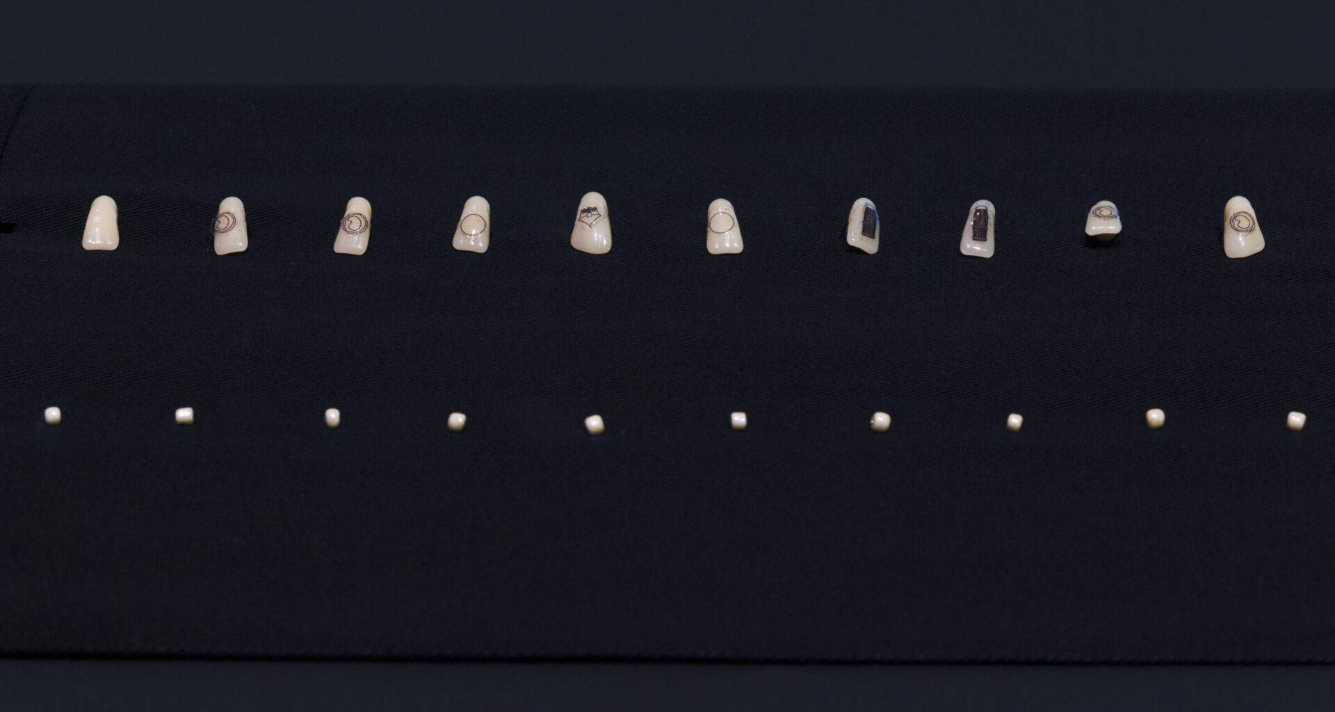 <p>Detail of Tiyan Baker, <em>To tangle together like coursing water (mnemonic device)</em>, 2026, resin cast teeth, lyocell twill, nylon thread, glass beads, vinyl stickers. <em>Tiyan Baker: Mouth Mnemonica</em>, 2026, Newcastle Art Gallery. Photo: Edwina Richards.</p>