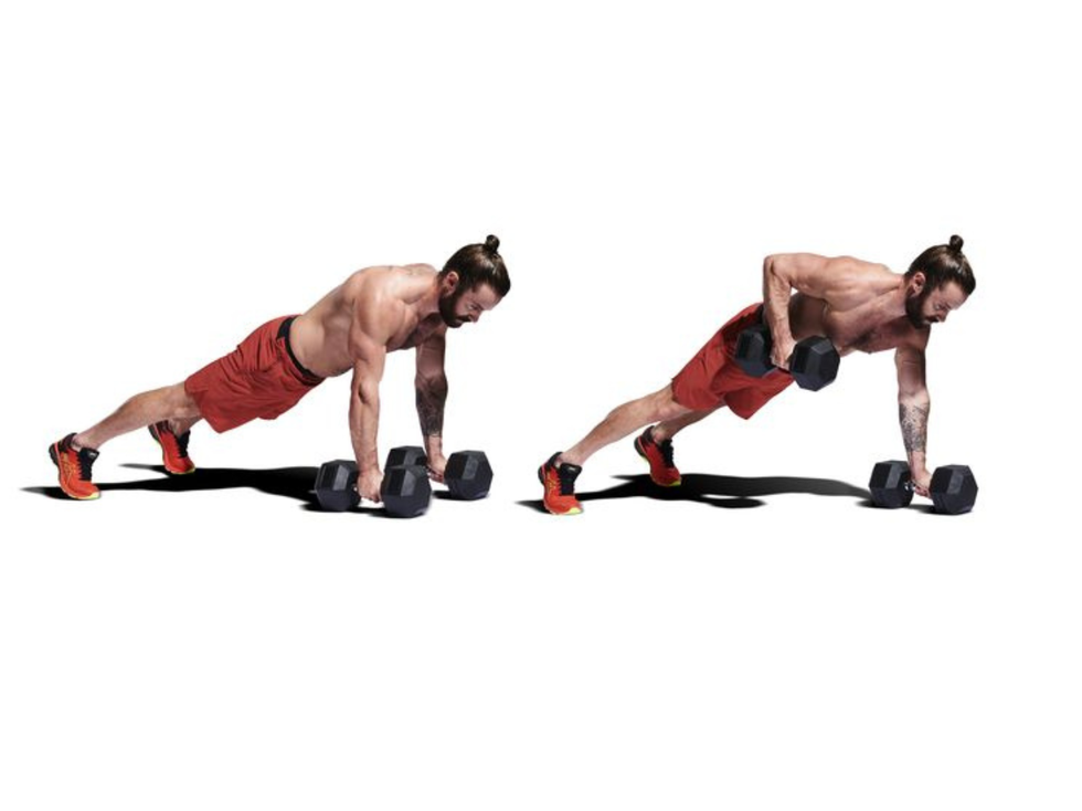 press up renegade row on dumbbells