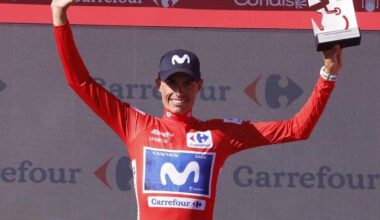 Spanish rider Enric Mas celebrates his stage-nine victory which maintains his overall Vuelta lead. Photo: EPA PHOTO