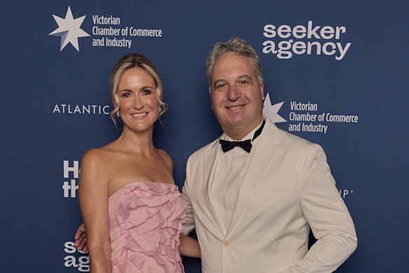 Victorian Chamber of Commerce and Industry chief of staff Chanelle Pearson with the organisation’s former chief executive Paul Guerra at the chamber’s Autumnal Ball in May 2025.