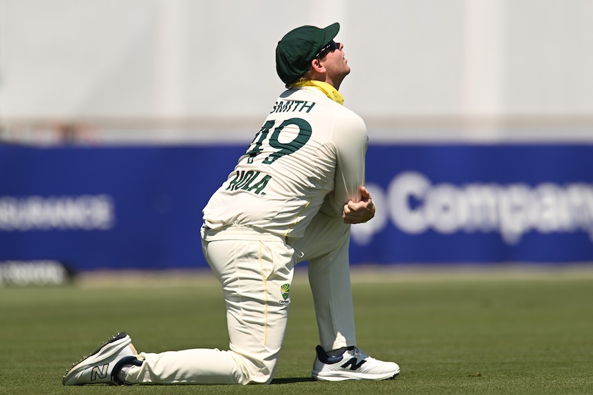 A cricketer is on his knees and looking to the sky