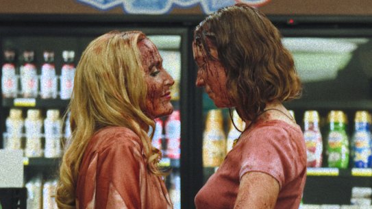A night of hot sex leaves Gillian Anderson’s Billy (left) and Hannah Einbinder’s Kris inexplicably covered in blood.