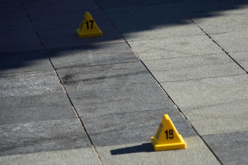 Type marks on pavement, next to two numbered police cones, used to mark evidence