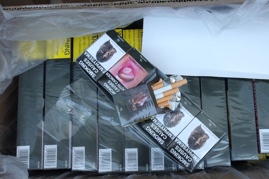 A box with black packages with four cigarette packets lined up on top with one pack with cigarettes poking out of one packet