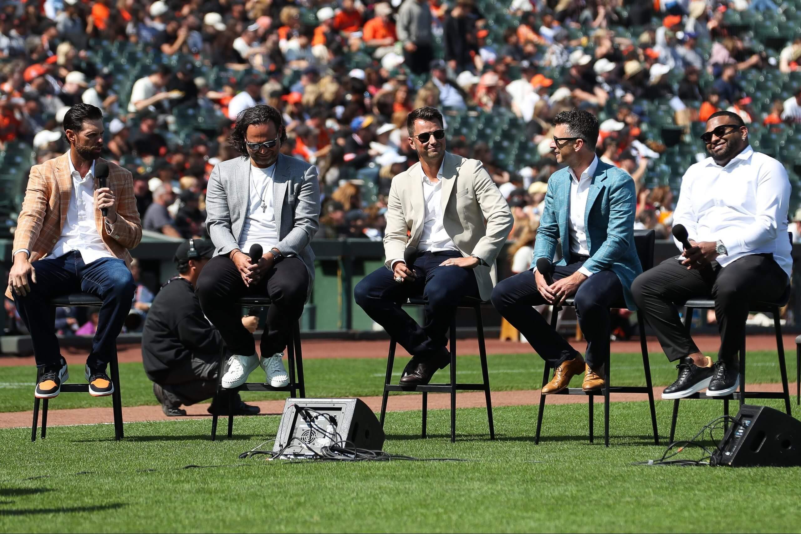 Giants legends Brandon Belt, Brandon Crawford, Joe Panik, Buster Posey and Pablo Sandoval being honored at a pregame ceremony in San Francisco.
