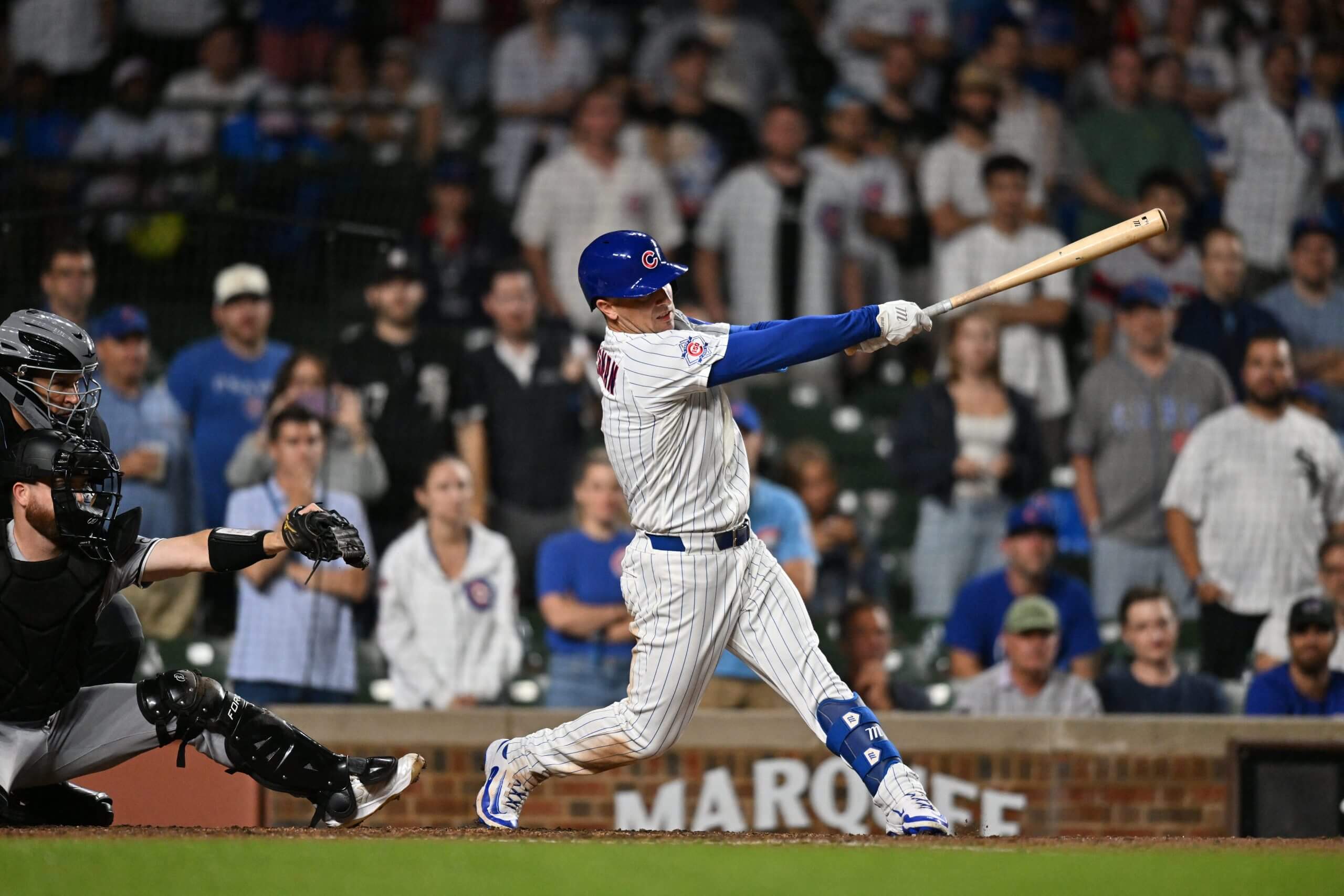 Alex Bregman follows through on his walk-off RBI single against the Chicago White Sox during the ninth inning at Wrigley Field on Aug. 18, 2026. Mandatory Credit: Patrick Gorski-Imagn Images
