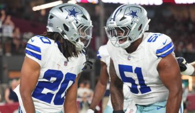 Aug 22, 2026; Glendale, Arizona, USA; Dallas Cowboys running back Malik Davis (20) celebrates his touchdown with Dallas Cowboys guard Nick Leverett (51) against the Arizona Cardinals during the first half at State Farm Stadium.