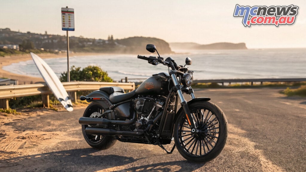 2026 Harley-Davidson Blacked-Out Breakout parked overlooking an Australian beach