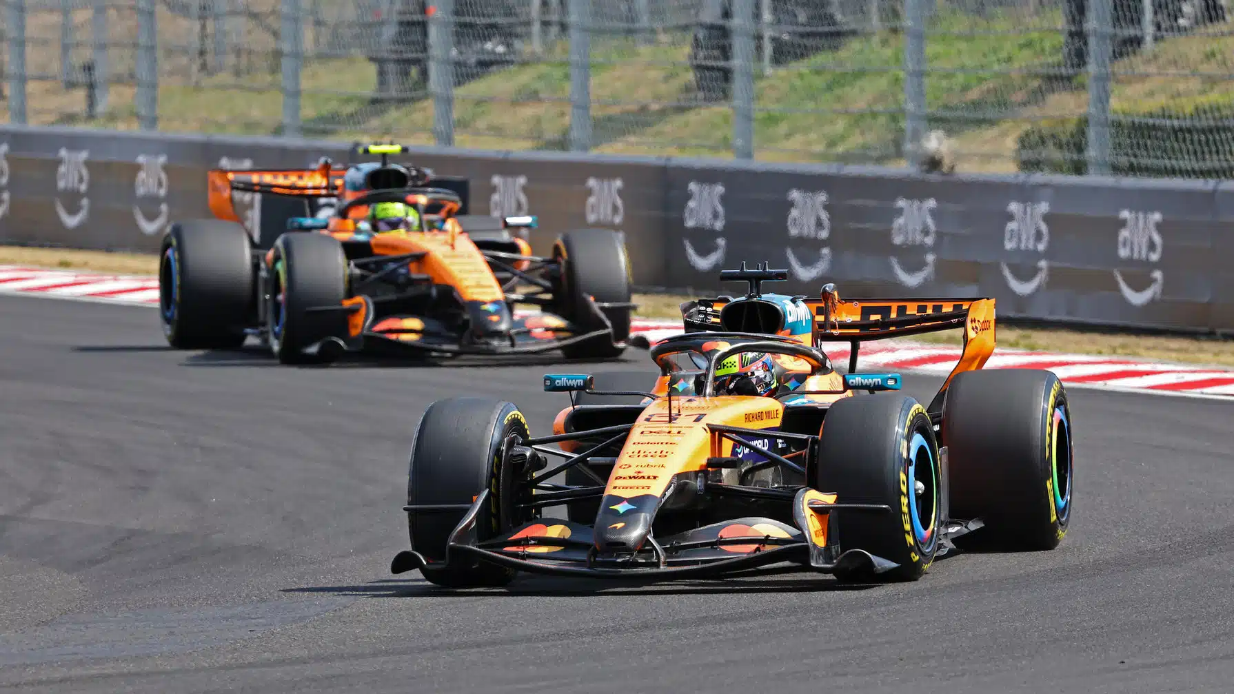 Oscar Piastri leads Lando Norris (both McLaren-Mercedes) during the 2026 Hungarian Grand Prix