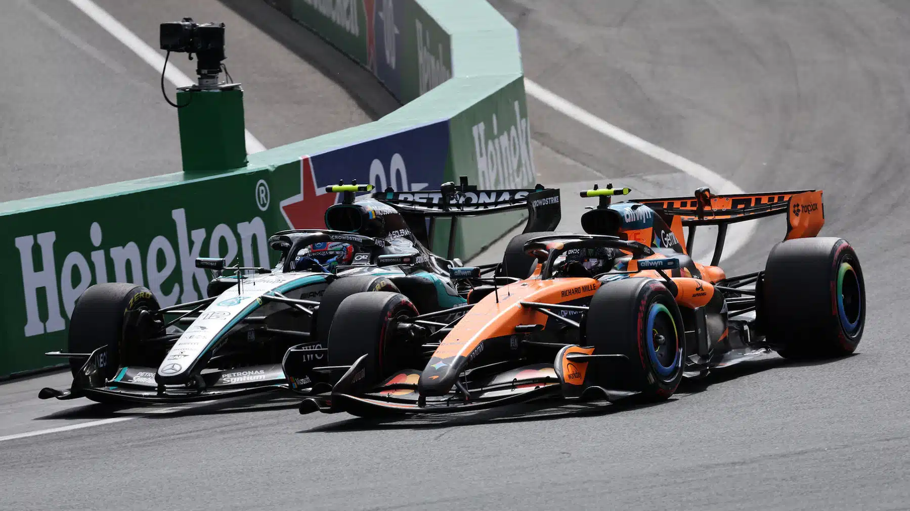 Kimi Antonelli (Mercedes) and Lando Norris (McLaren-Mercedes) lead the field at the restart of the 2026 Dutch Grand Prix