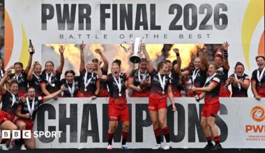 Marlie Packer and Zoe Harrison of Saracens lift the PWR trophy in celebration following the Premiership Women's Rugby Final match between Saracens Women and Ealing Trailfinders at Twickenham Stoop