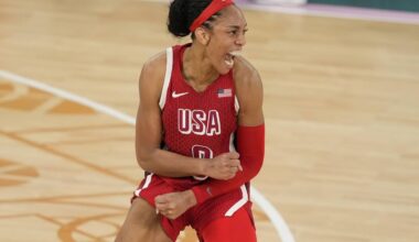 United States' A'ja Wilson (9) reacts during a women's gold medal basketball game at Bercy Aren ...