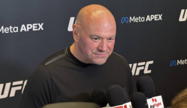 UFC president and CEO Dana Whit speaks to media at the Meta Apex on Monday, Aug. 10, 2026, (Mic ...