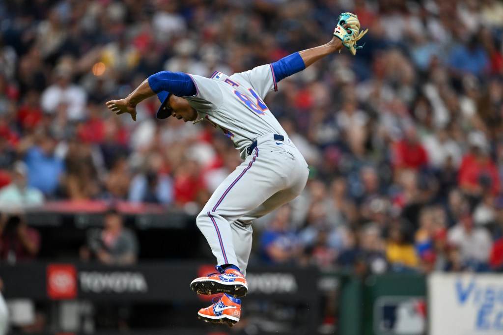 Jefry Yan #84 of the New York Mets celebrates after striking out Angel Martínez #1 of the Cleveland Guardians for his first career strikeout during the sixth inning of his major league debut at Progressive Field on August 05, 2026 in Cleveland, Ohio.