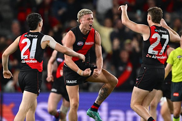Sheer joy: Essendon’s Nate Caddy after one of his goals.