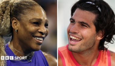 Serena Williams and Carlos Alcaraz smile on the court