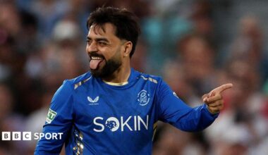 Rashid Khan of MI London celebrates a wicket, pointing and sticking his tongue out