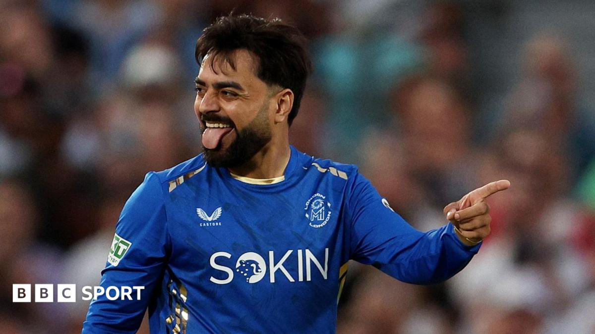 Rashid Khan of MI London celebrates a wicket, pointing and sticking his tongue out