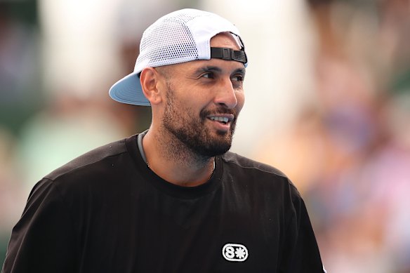 Nick Kyrgios engages with the crowd in his match with Zhang Zhizhen at the Kooyong Classic back in January.