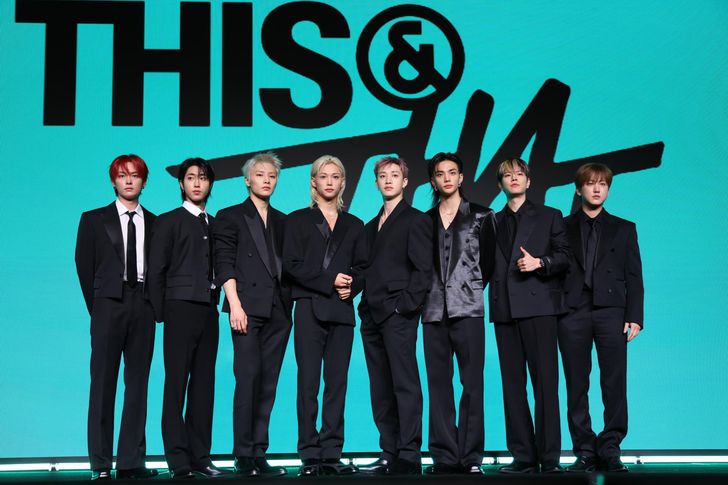 Members of K-pop boy band Stray Kids, from left, Lee Know, Han, I.N, Felix, Bang Chan, Hyunjin, Seungmin and Changbin pose during a press conference for its tenth mini album 'THIS & THAT' at the Conrad Seoul hotel in Seoul, Thursday. Yonhap