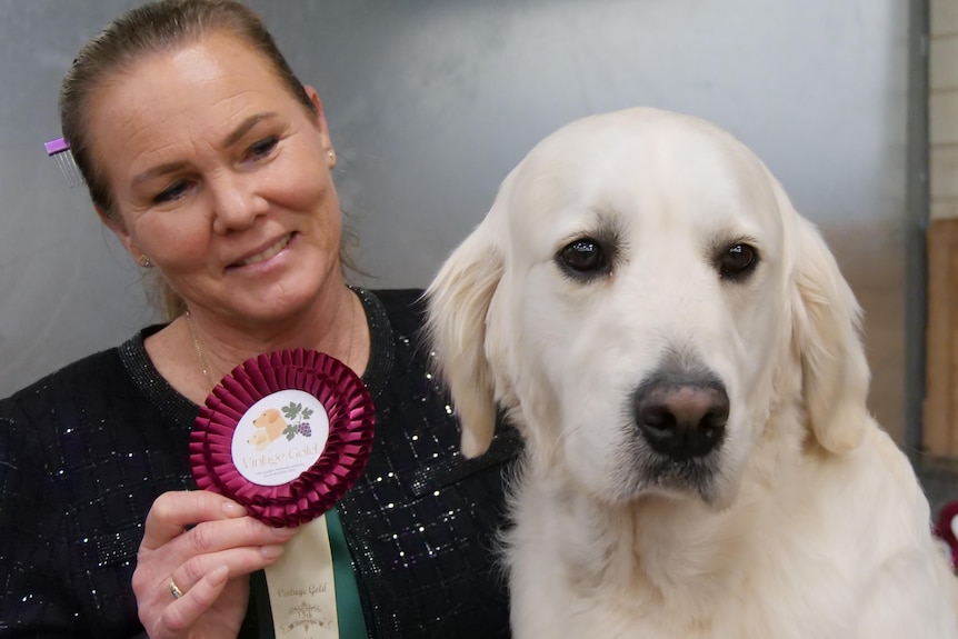 A woman holding an award ribbon and a golden retriever