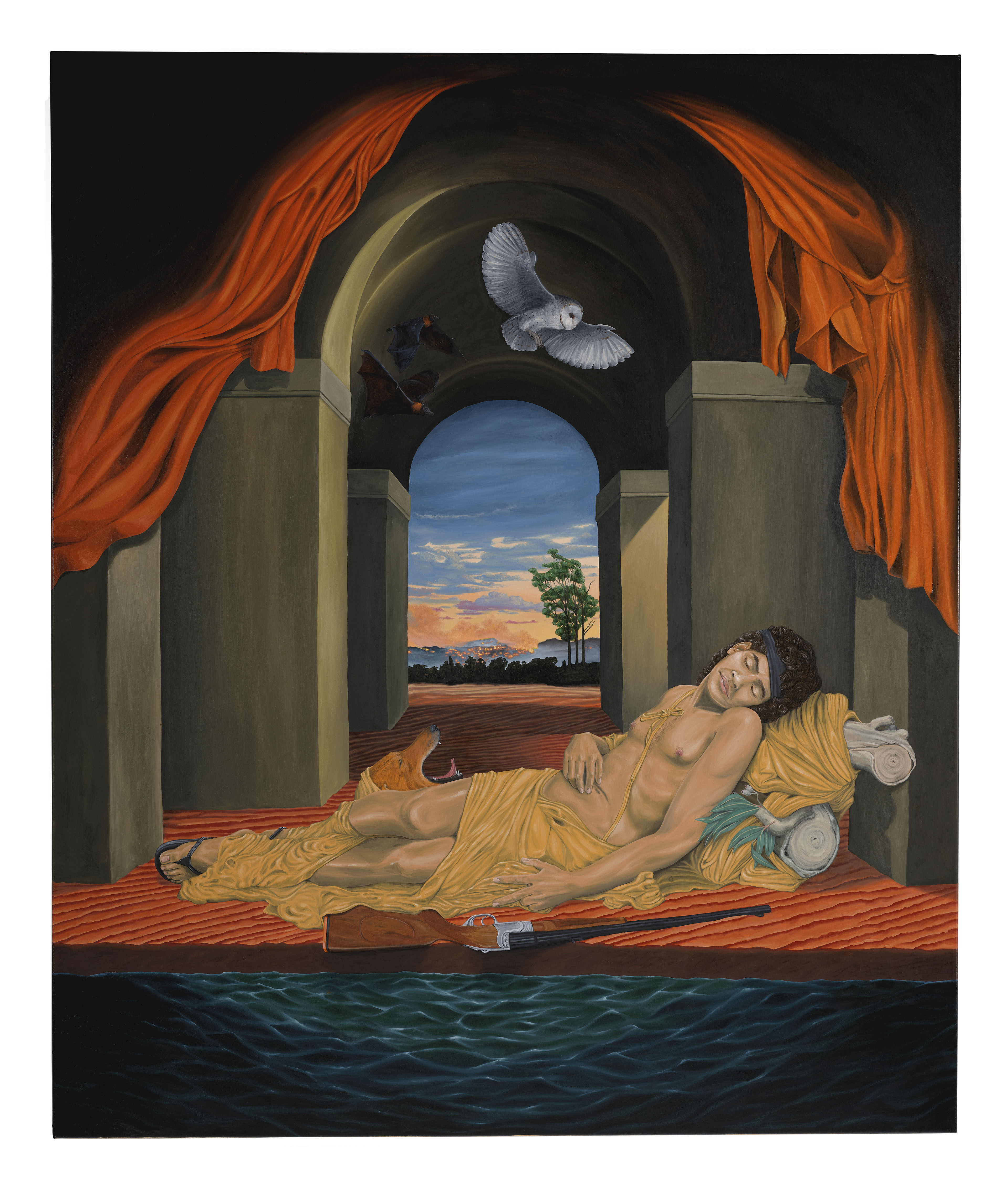 An oil painting, in a Renaissance style, of a young Indigenous man reclining between a dog and a hunting rifle.