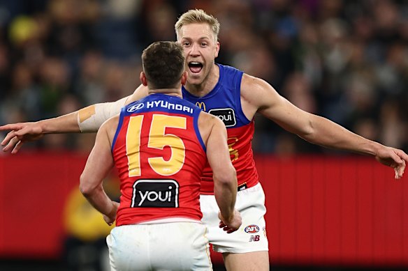 Oscar Allen of the Lions celebrates a goal.