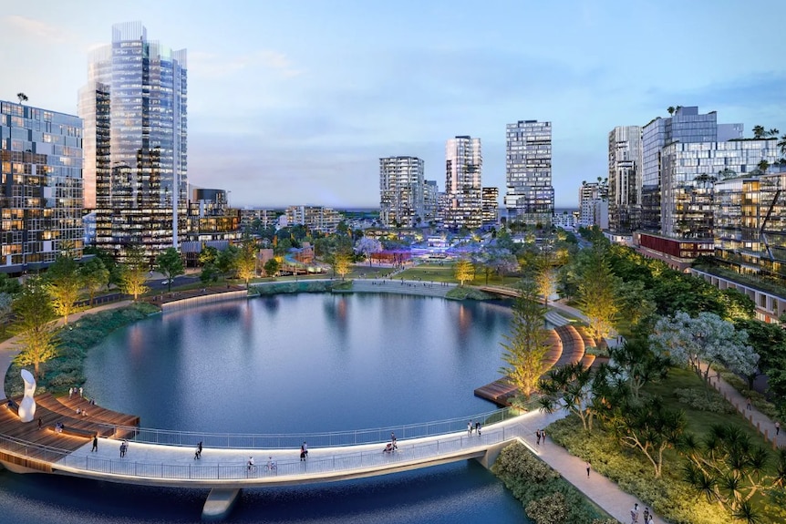 High-rise buildings with a lake.