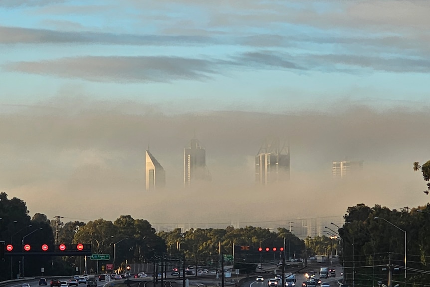 Perth city shrouded in fog, taken from a freeway.