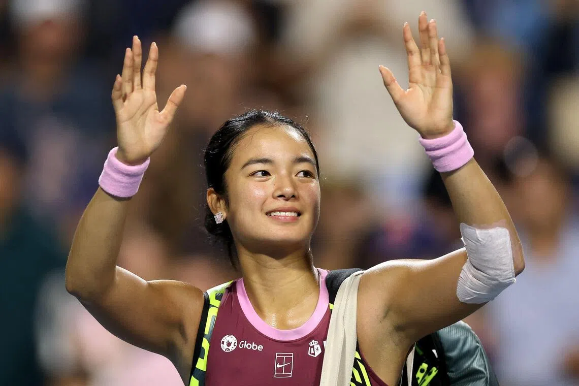 Alexandra Eala of the Philippines acknowledges the crowd after losing to Belinda Bencic of Switzerland at the National Bank Open in Toronto.