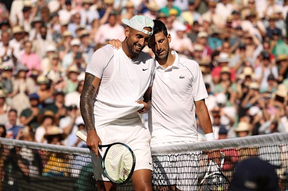 Kyrgios and Novak Djokovic after the 2022 Wimbledon final.