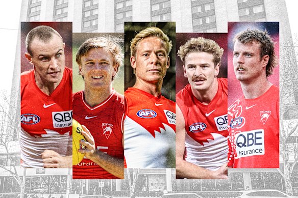 Sydney Swans players (from left to right) Chad Warner, James Jordon, Isaac Heeney, Riley Bice and Nick Blakey.