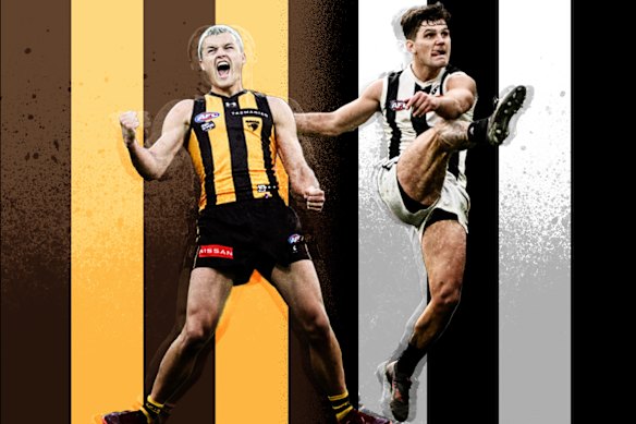 Hawthorn star Jack Ginnivan and Collingwood’s Lachie Schultz.