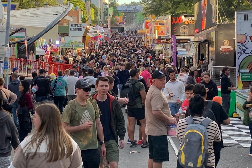 A crowd of people walking through an alleyway at a carnival-type show with stalls.