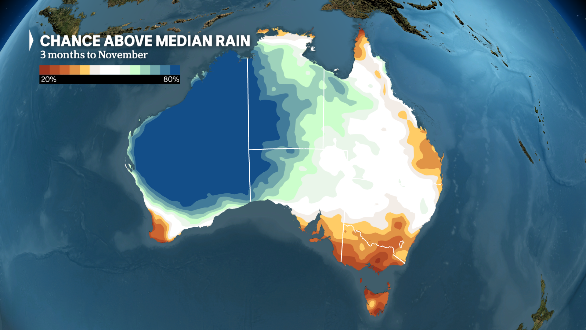 a weather map of australia shows spring tipped to be wet across much of WA and the NT