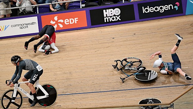 (L-R) Jadian Neaves and Matthew Dobbins fall while Marshall Erwood of Team New Zealand (L) competes.